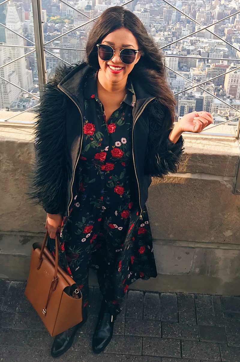 wearing a floral maxi dress on the empire state building