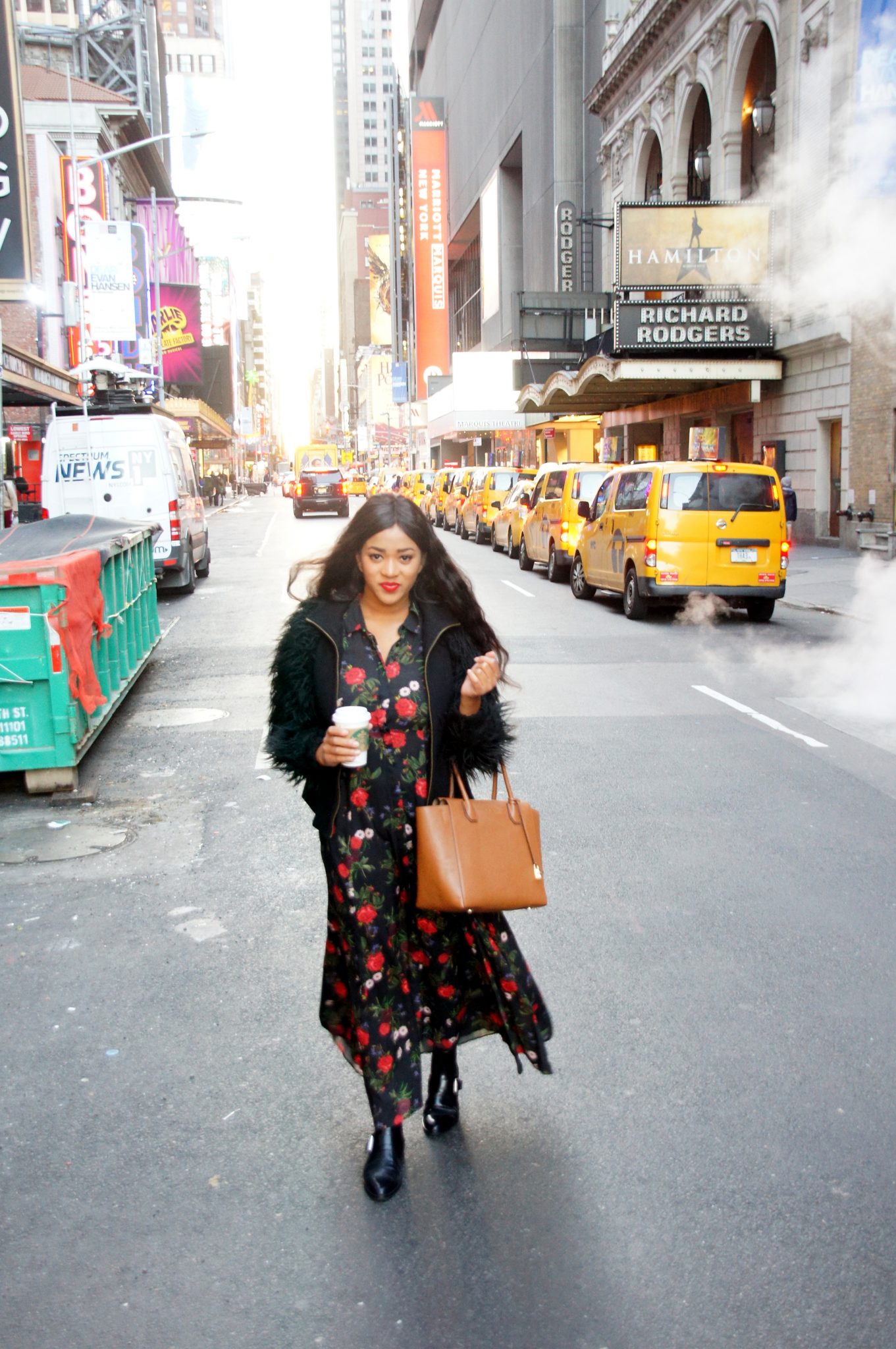 Wearing a floral maxi dress in the streets of New York