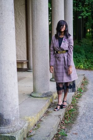 checked coat and lace mesh dress