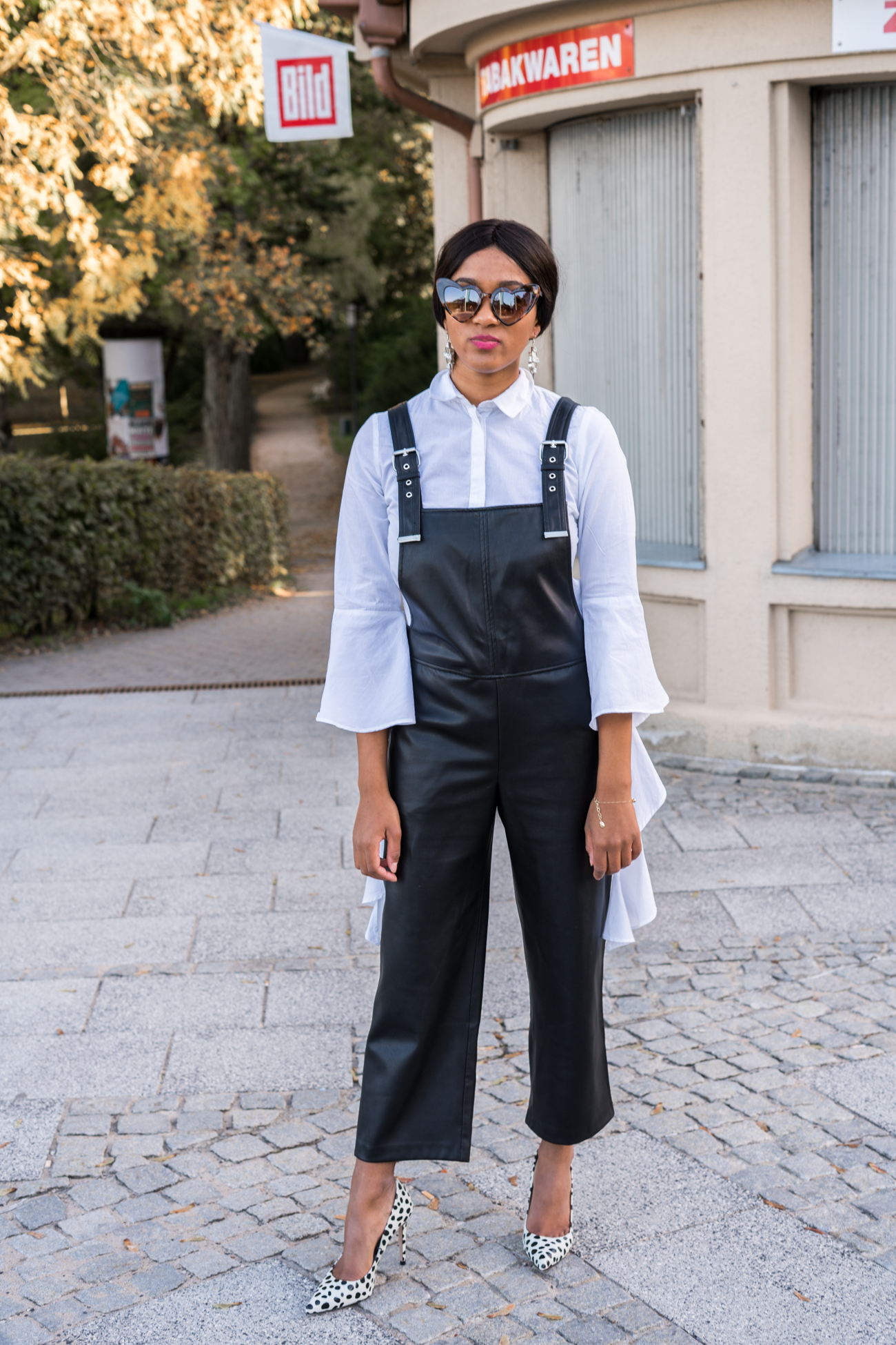 black leather dungarees 