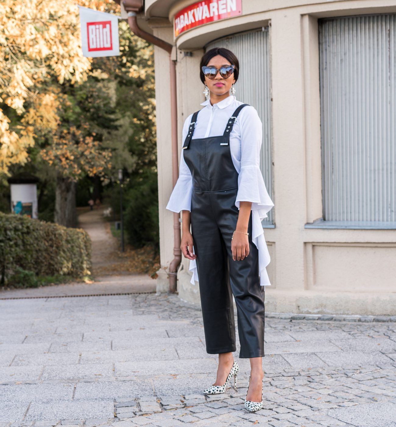 black leather dungarees