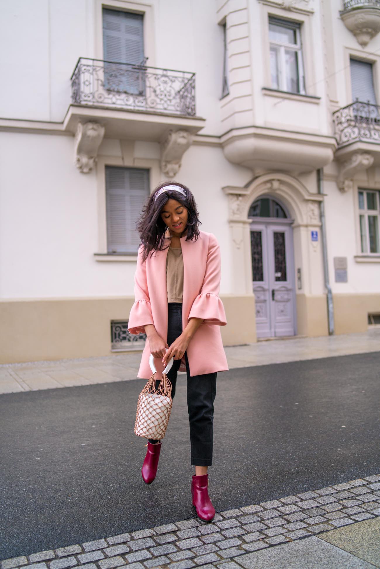 pink coat feminine look ruffles