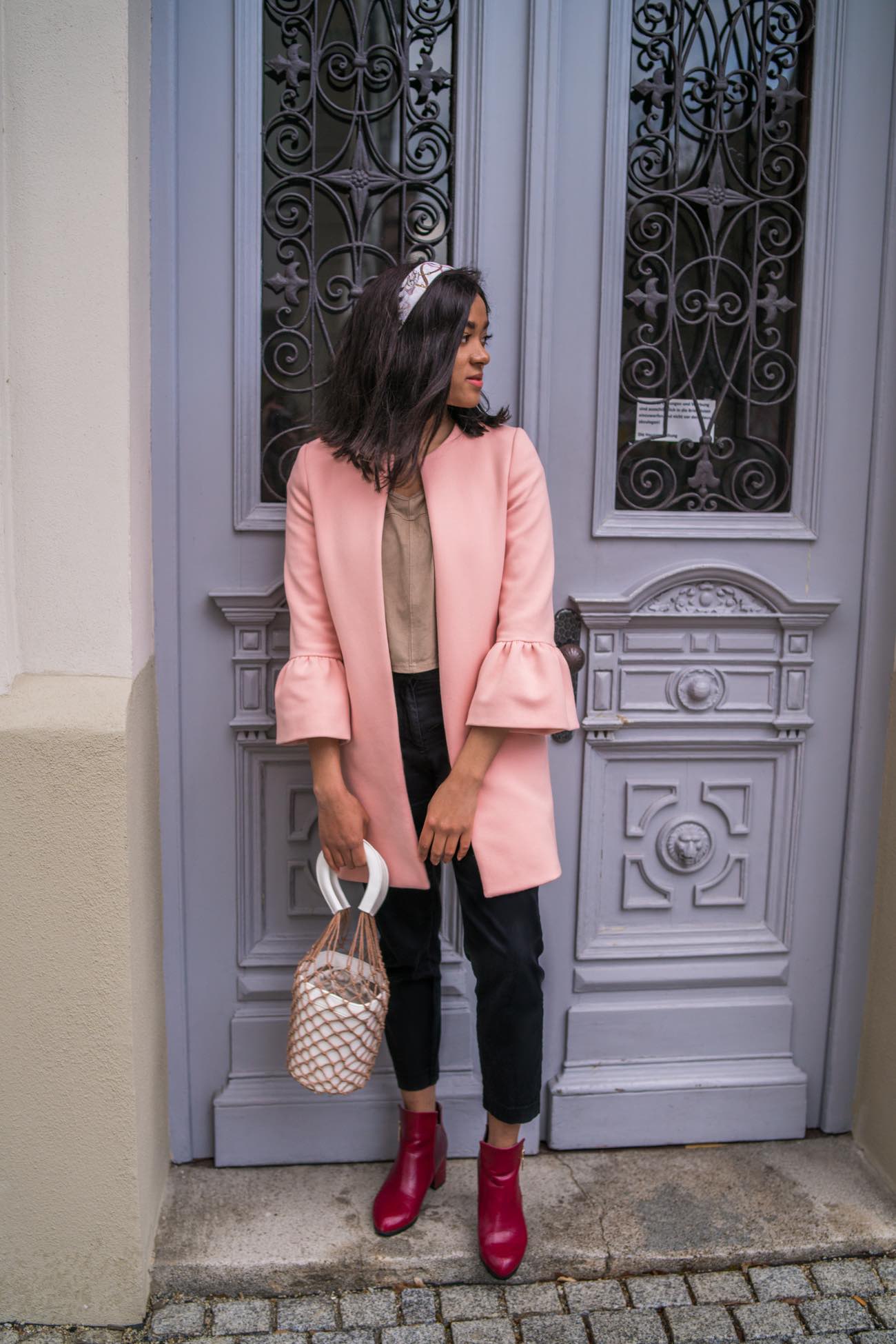 pink coat feminine look ruffles