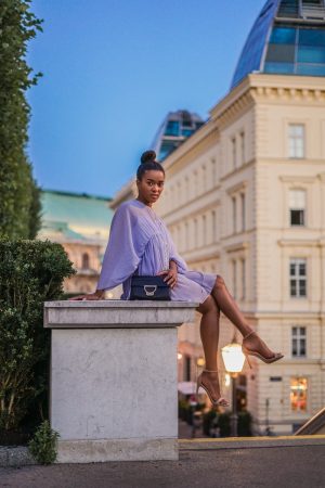 Albertina Wien wearing a light blue summer dress
