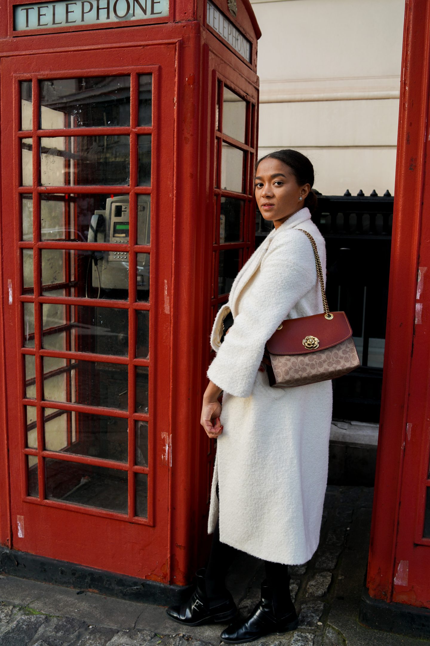 London Fashion Blogger Red Phone Booth White Winter Coat 
