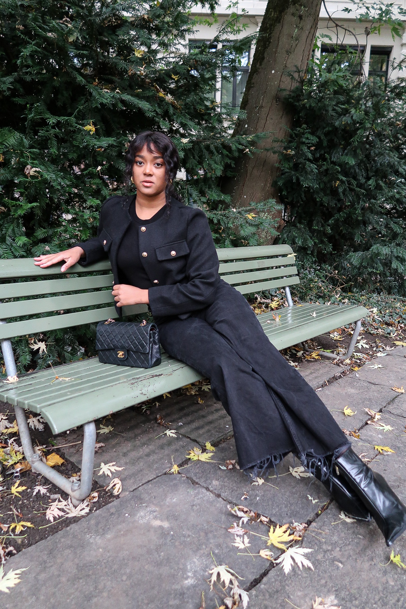 Black Fashion Blogger, Swiss Influencer Black Boucle Jacket Outfit